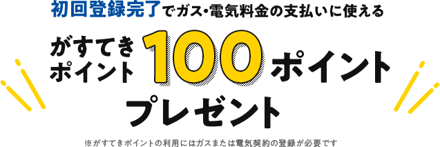 初回登録完了でガス・電気料金の支払いに使えるがすてきポイント100ポイントプレゼント!