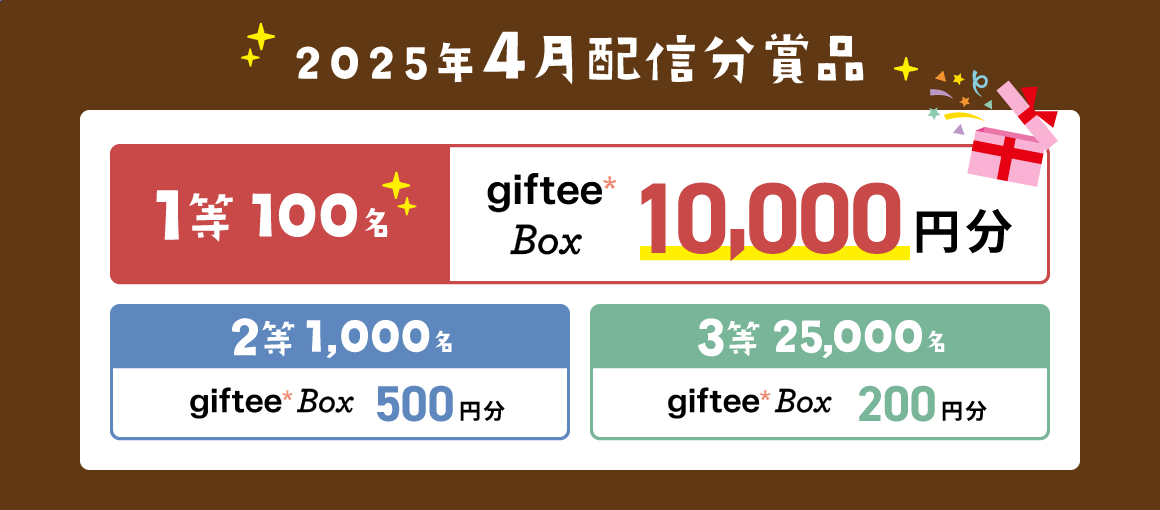 2025年4月配信分賞品 1等100名:giftee Box 10,000円分 2等1,000名:giftee Box 500円分 3等25,000名:giftee Box 200円分