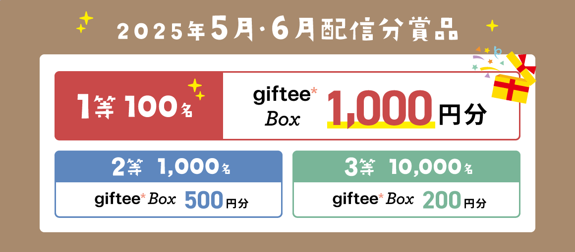 2025年5月・6月配信分賞品 1等100名:giftee Box 1,000円分 2等1,000名:giftee Box 500円分 3等10,000名:giftee Box 200円分